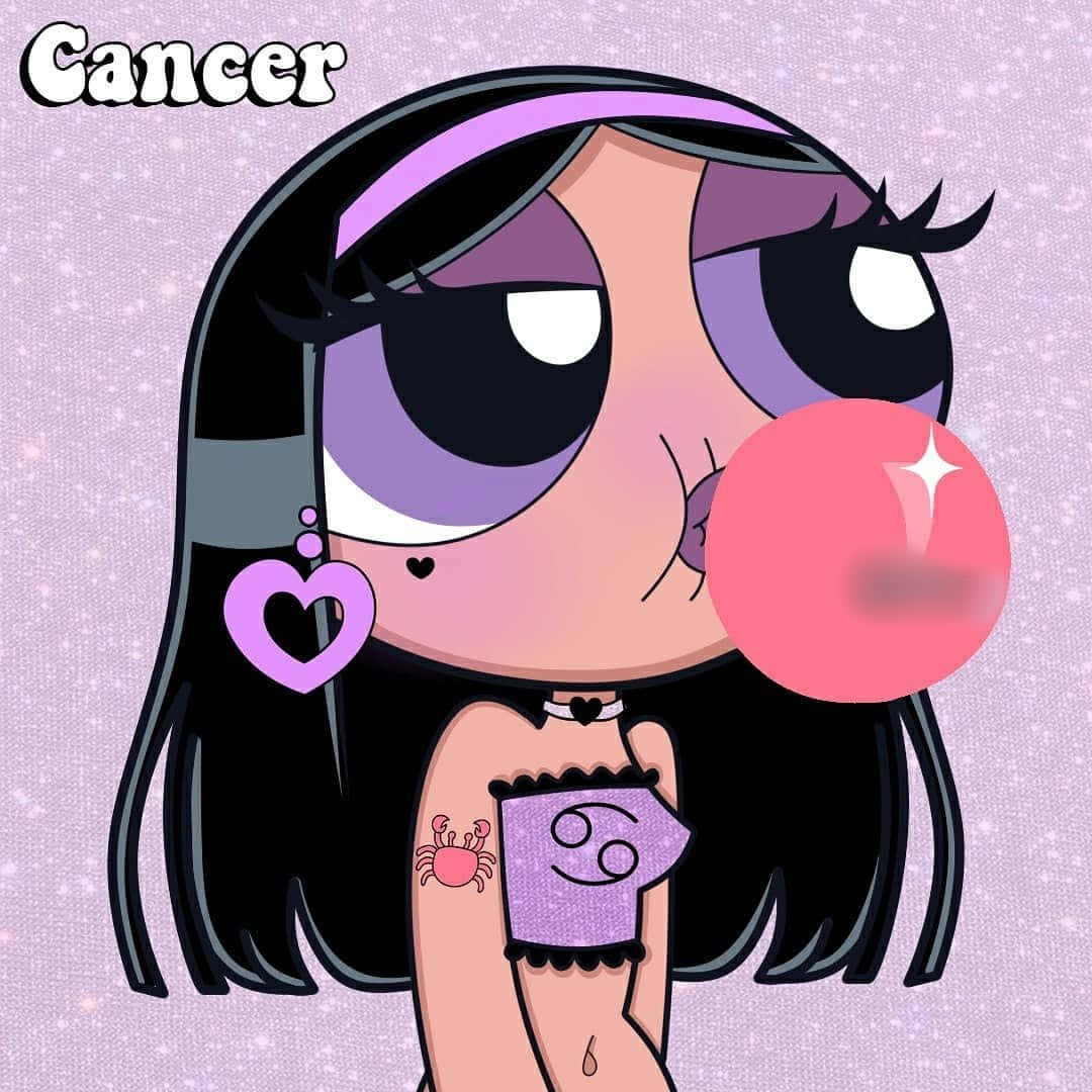 為你的頭像拍出 Baddie 風格 壁紙 — 一個紫眼黑髮的卡通女孩在閃爍的薰衣草背景下吹出粉紅色泡泡糖泡泡。