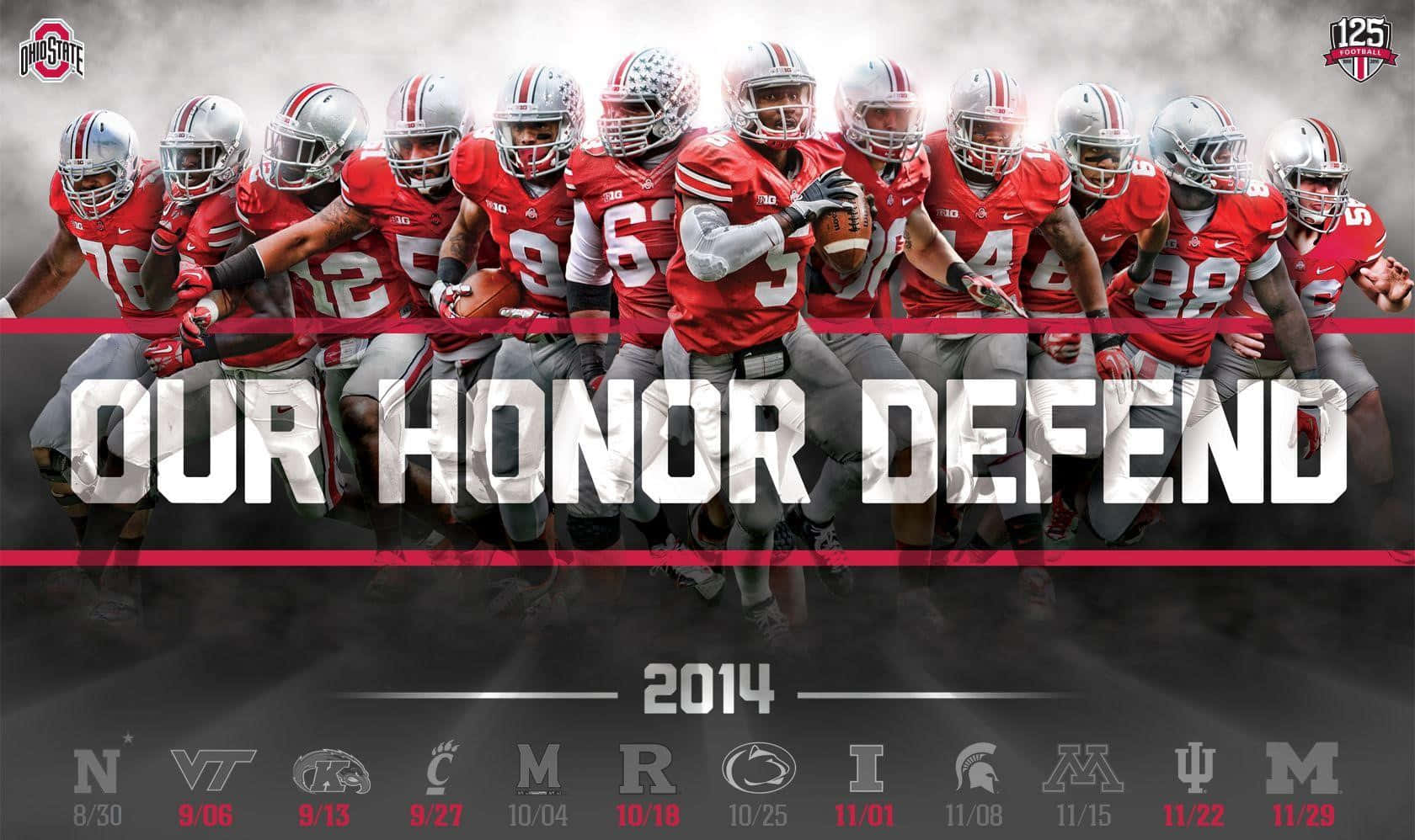 奧克拉荷馬州立大學美式足球隊身穿紅色球衣，附有「OUR HONOR DEFEND」文字及2014年賽程。