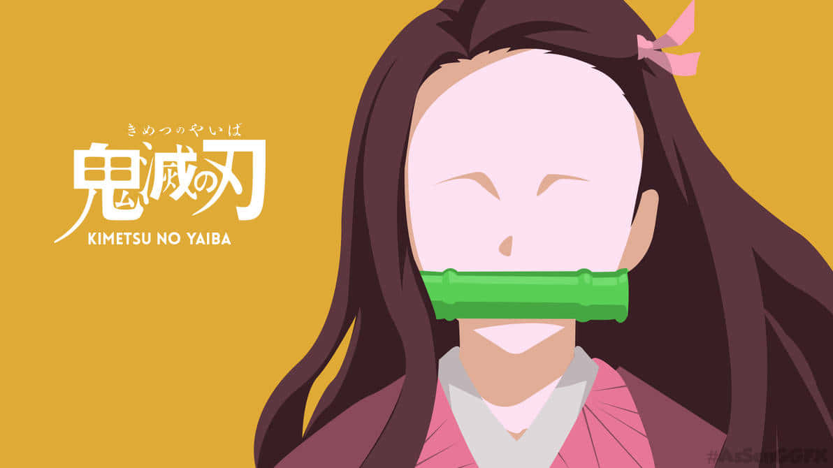為保護而戰 壁紙 — 一個風格化的動漫女孩，長著深色長髮，戴著綠色竹製口枷，在純芥末黃色背景上微笑。