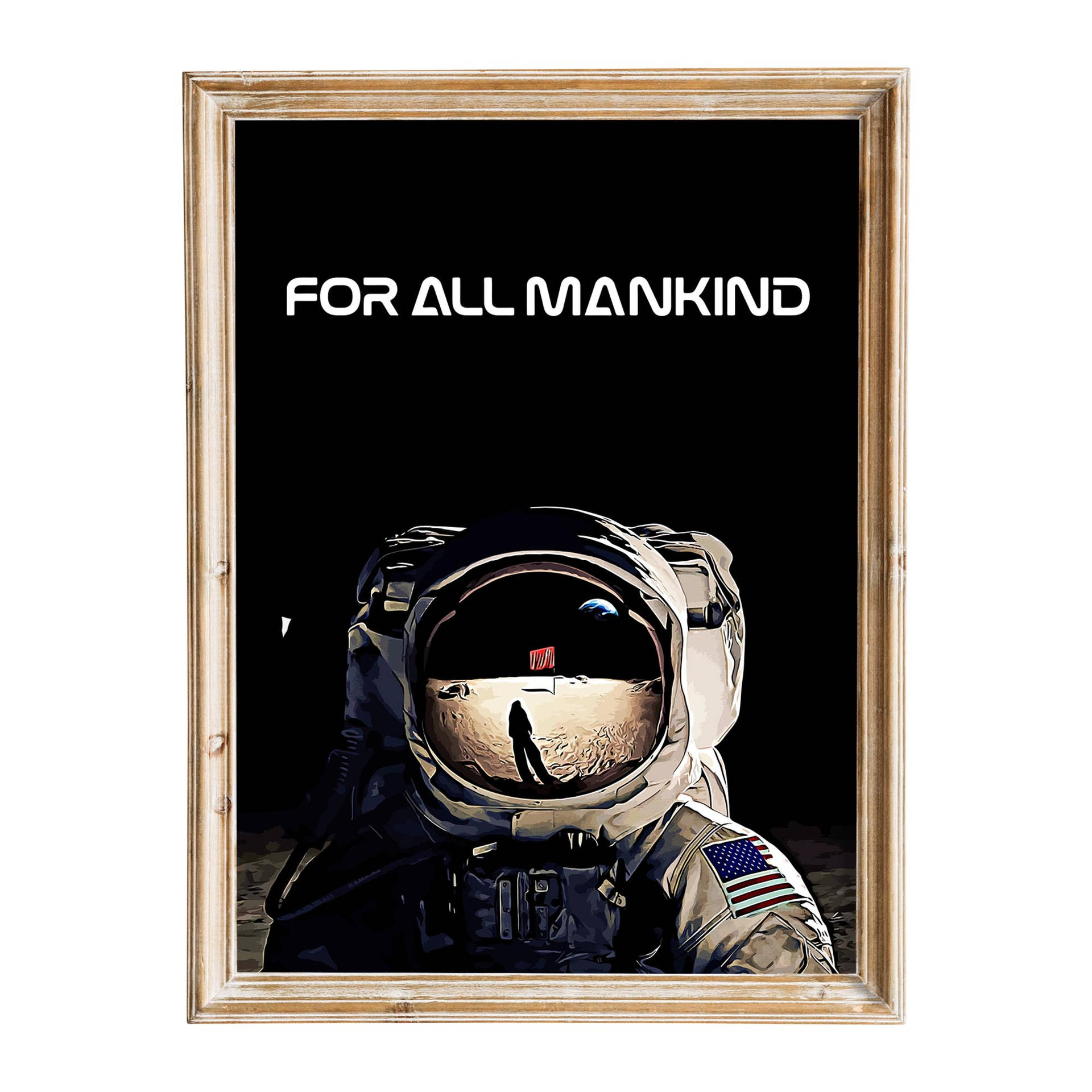 裝裱海報，宇航員在月球上，上方有「FOR ALL MANKIND」文字