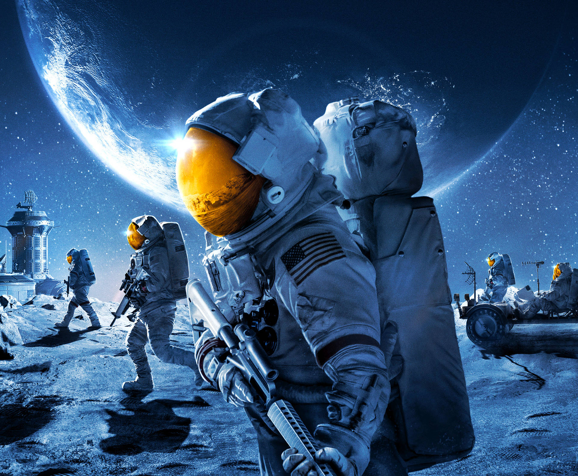 太空人在類似月球的表面上行走，天空中有一個巨大的行星。