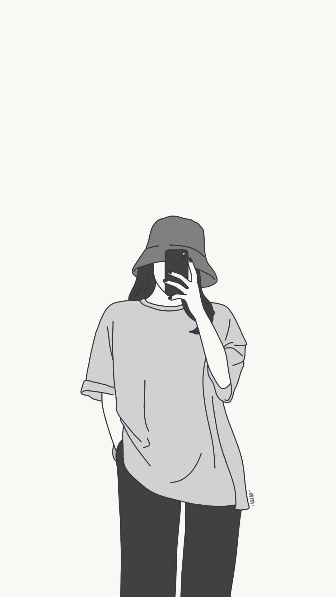 為冒險打扮的年輕假小子女孩 壁紙 — 一幅極簡線條藝術插圖，描繪一個人戴著漁夫帽，在純色背景前用手機自拍。