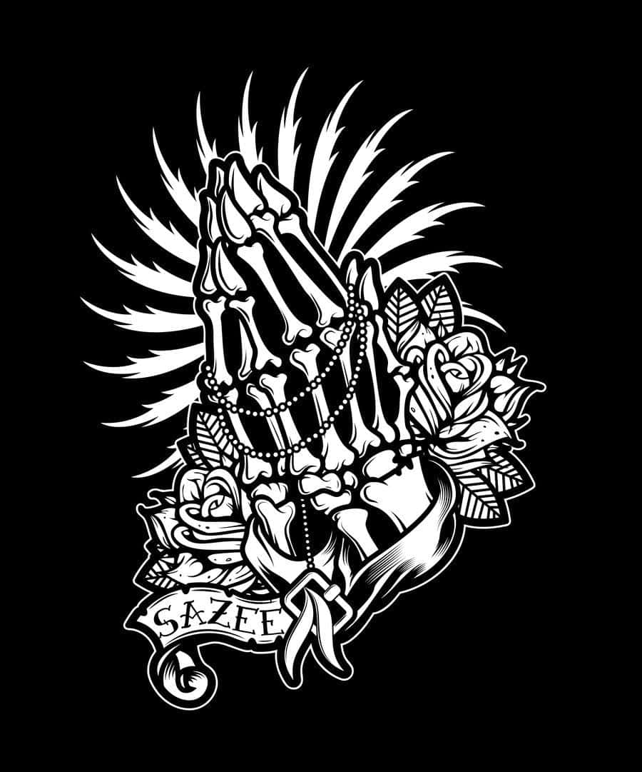 為力量與平安禱告 壁紙 — 黑白紋身風格插圖，描繪骷髏手合十祈禱，周圍有玫瑰和寫著SAZEE的橫幅。