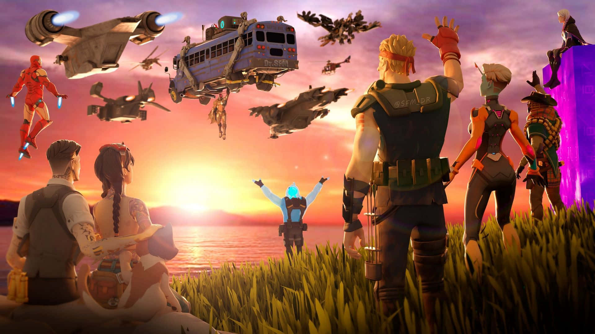 為勝利而戰——《Fortnite 第三章第一季》 壁紙 — 一群多元角色在充滿活力的日落景觀中觀看飛行車輛和發光柱體，其中一個角色舉起雙臂慶祝勝利。