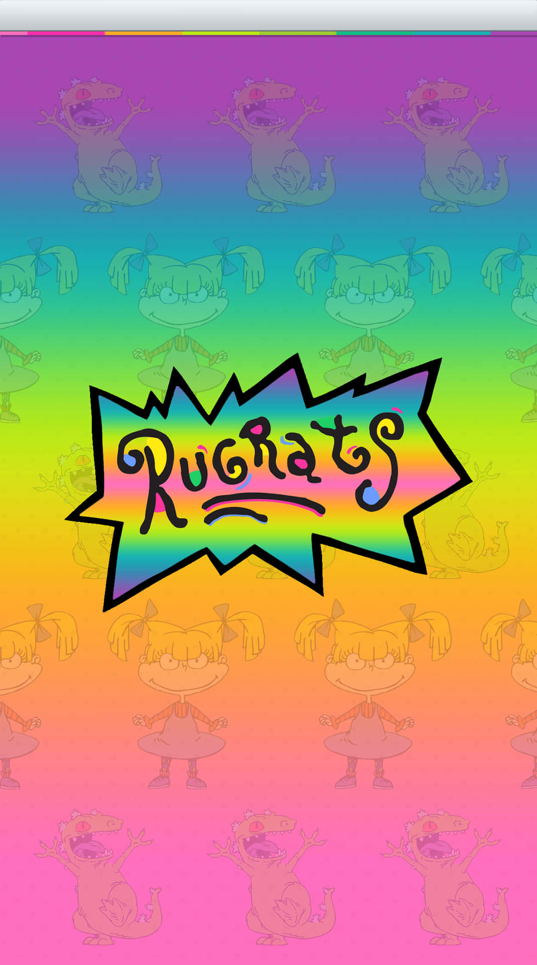 Rugrats 標誌在彩虹漸變上，帶有重複的卡通人物。
