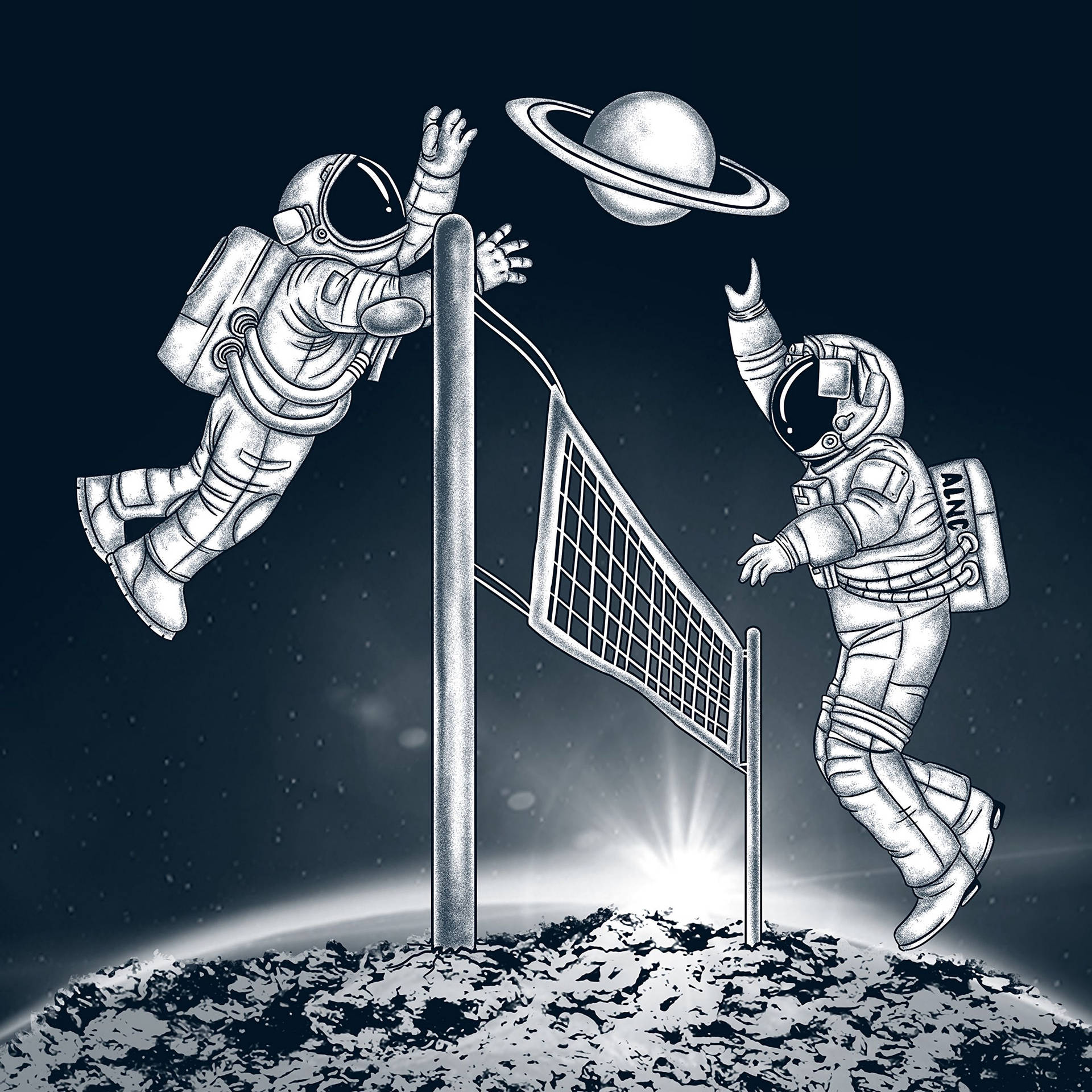 兩名太空人在月球表面打排球，天空中有土星。
