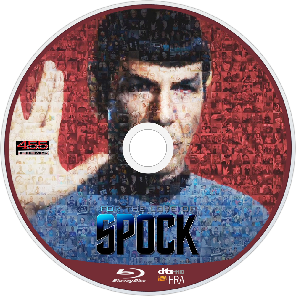為史波克而愛 藍光碟 壁紙 — 《For the Love of Spock》的藍光光碟封面以粉絲照片製成的史波克馬賽克肖像為特色，並採用紅藍色塊設計。