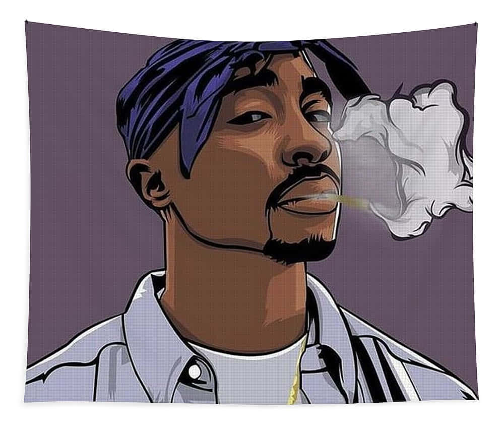 Tupac Shakur戴著藍色頭巾、穿著白色襯衫呼出煙霧。