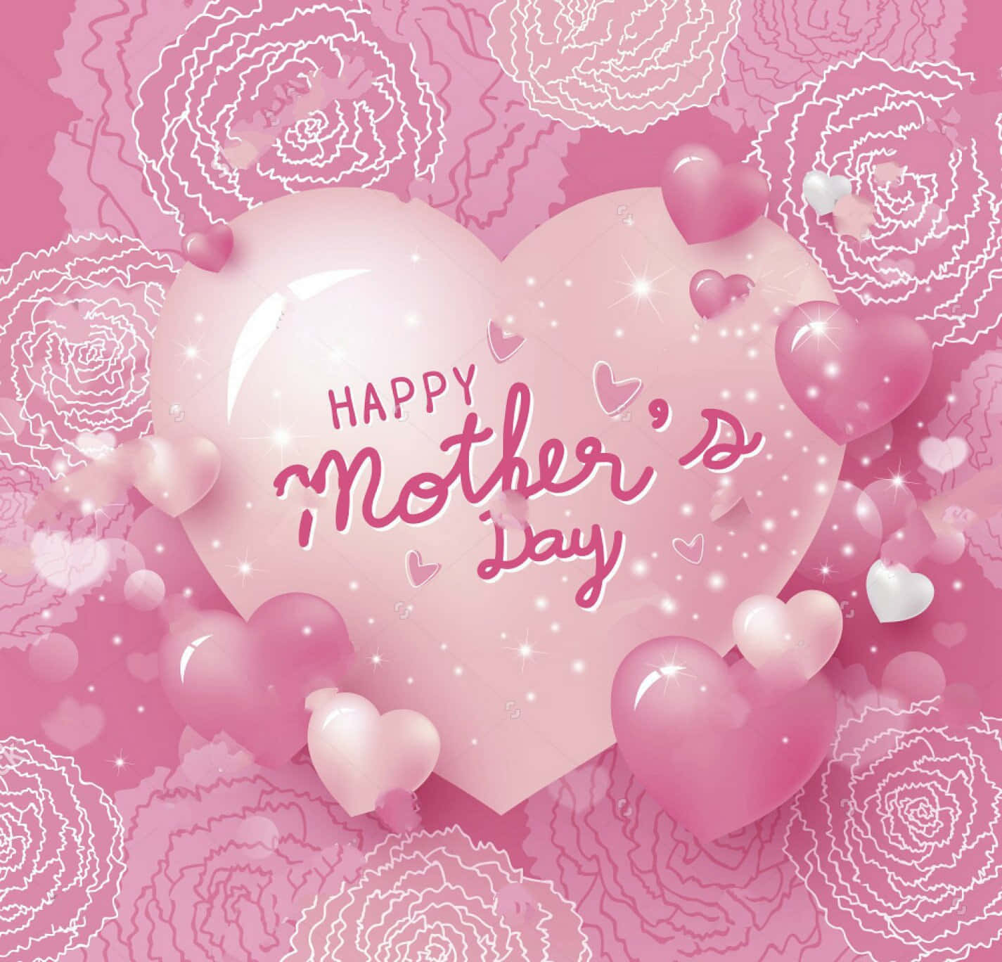 Happy Mother's Day 問候，帶有粉紅色心形和花卉背景。