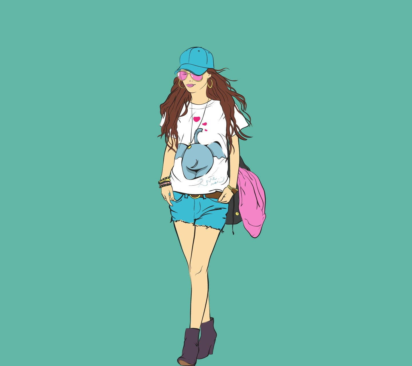 戴著帽子、太陽眼鏡和牛仔短褲，背著粉紅色背包行走的年輕女性。