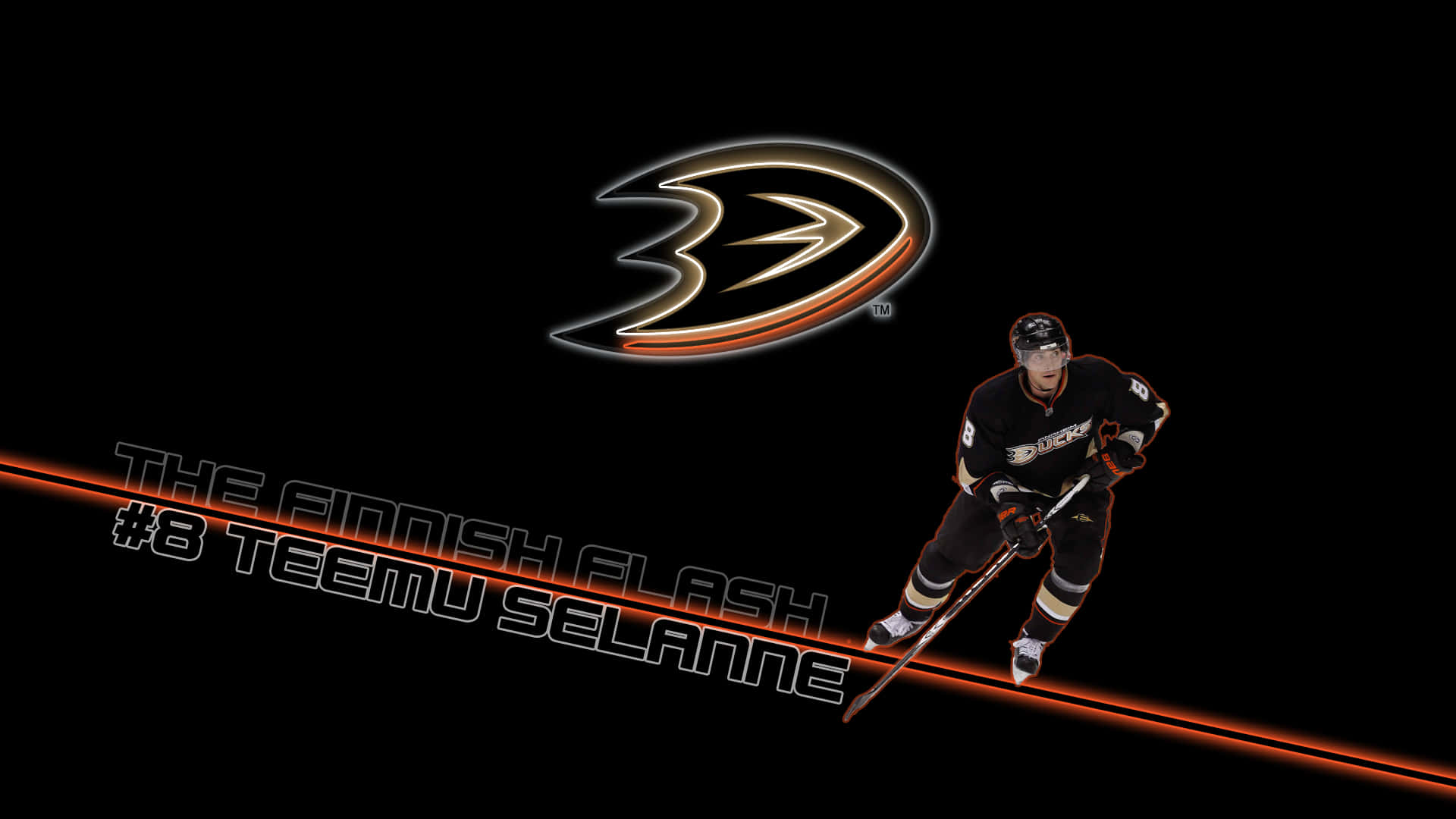 冰球運動員Teemu Selanne在運動中，帶有發光的橙色線條和Ducks標誌。