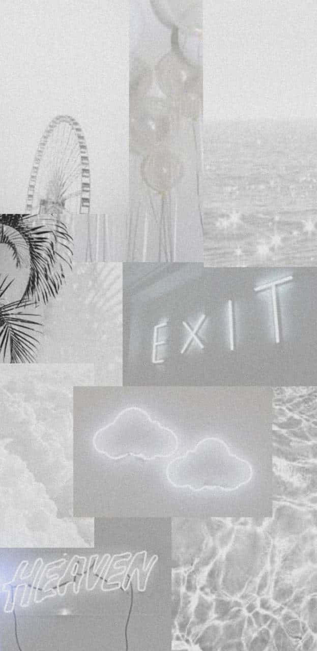 單色拼貼畫，霓虹燈牌寫著 exit 和 heaven，摩天輪、氣球、雲朵和水紋質感。