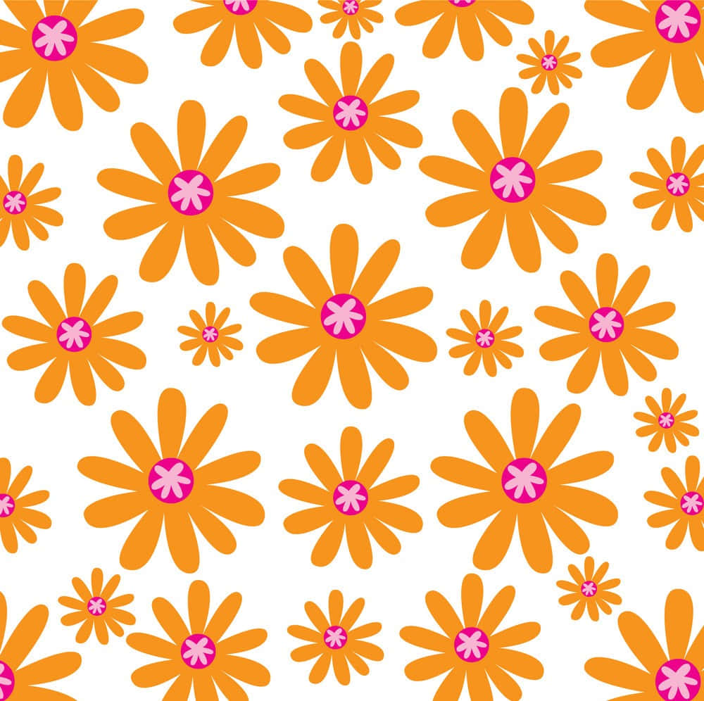 白色背景上重複圖案的橙色雛菊，帶粉紅色花心。