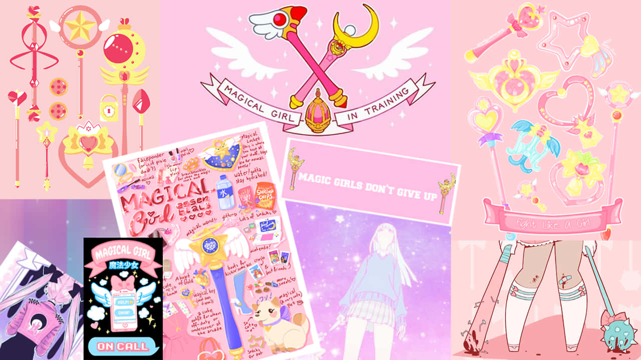 魔法少女主題動漫藝術，帶有魔杖、閃光和商品。