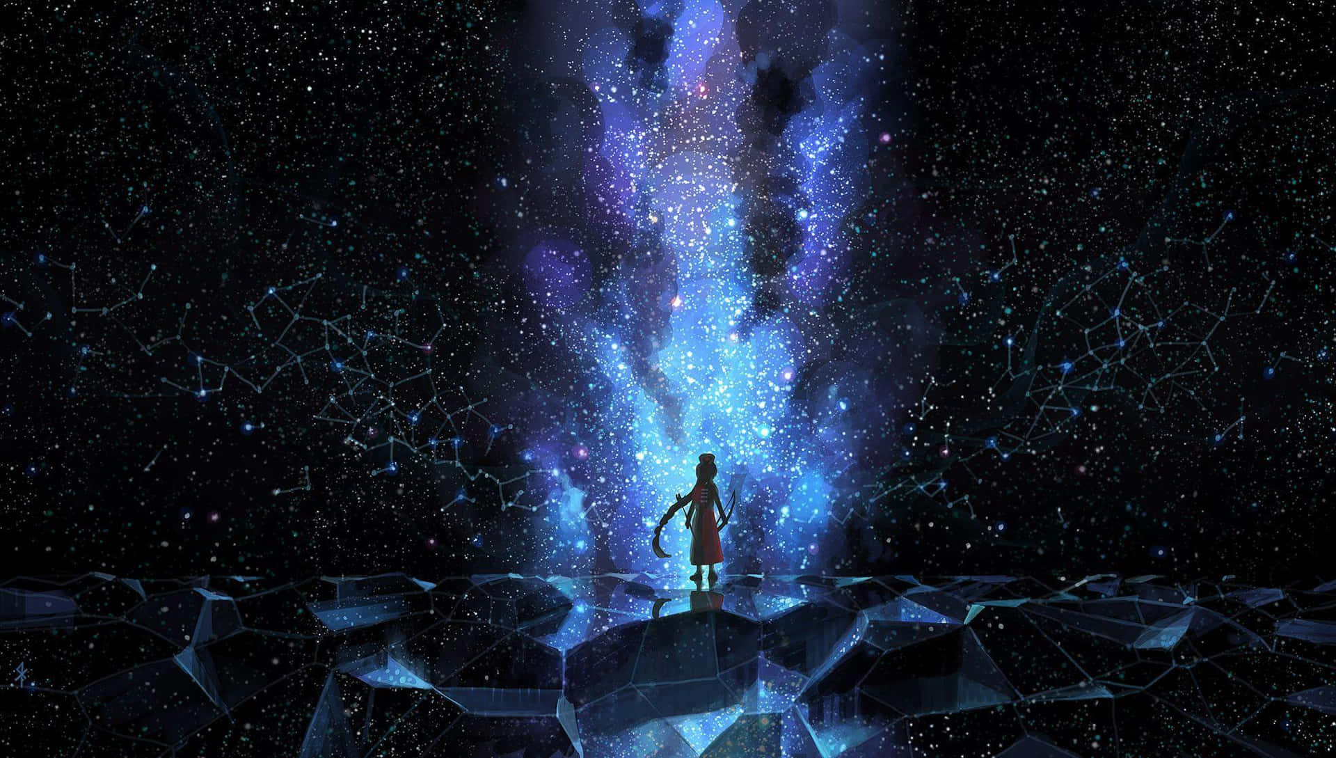 一個人站在玻璃狀平台上的剪影，背景是發光的藍色宇宙星雲。