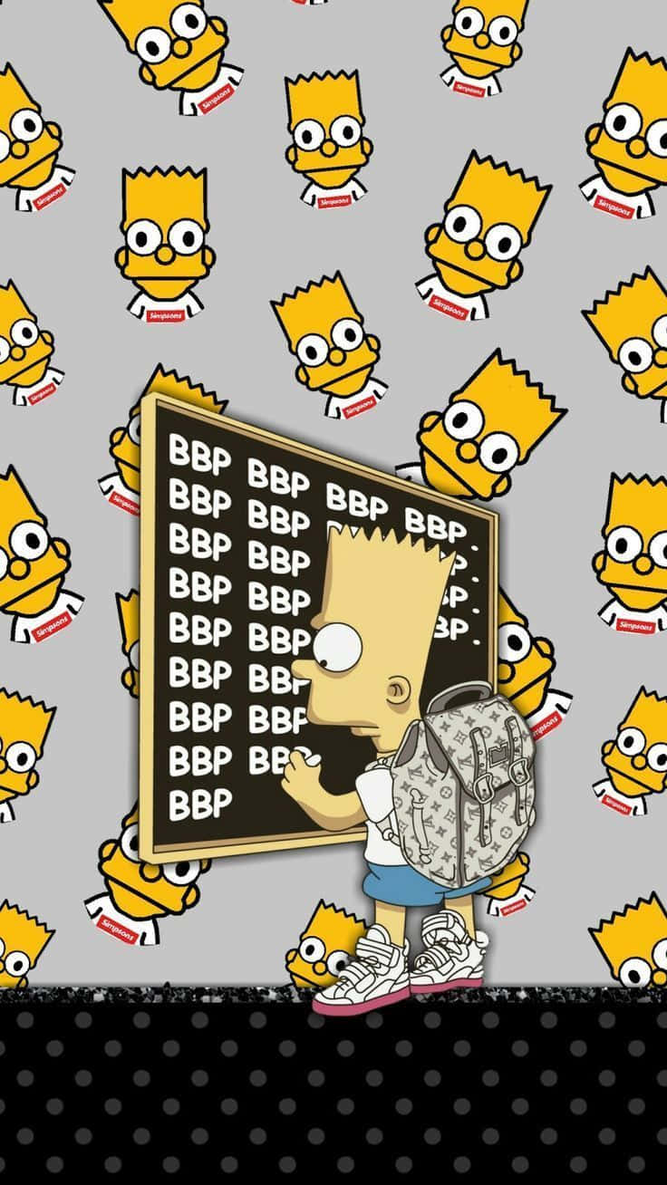 巴特·辛普森拿著一塊重複寫有「BBP」嘅黑板，被自己嘅面孔圖案包圍。