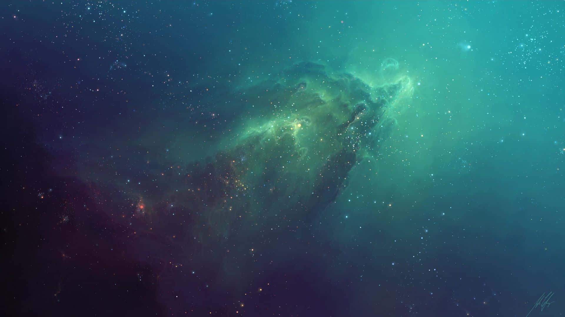 在宇宙太空場景中，一顆發光的綠色星雲伴隨著星星。