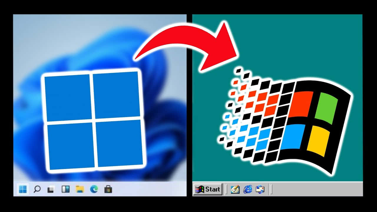 現代 Windows 11 標誌轉變為經典 Windows 95 標誌，帶有紅色箭頭。