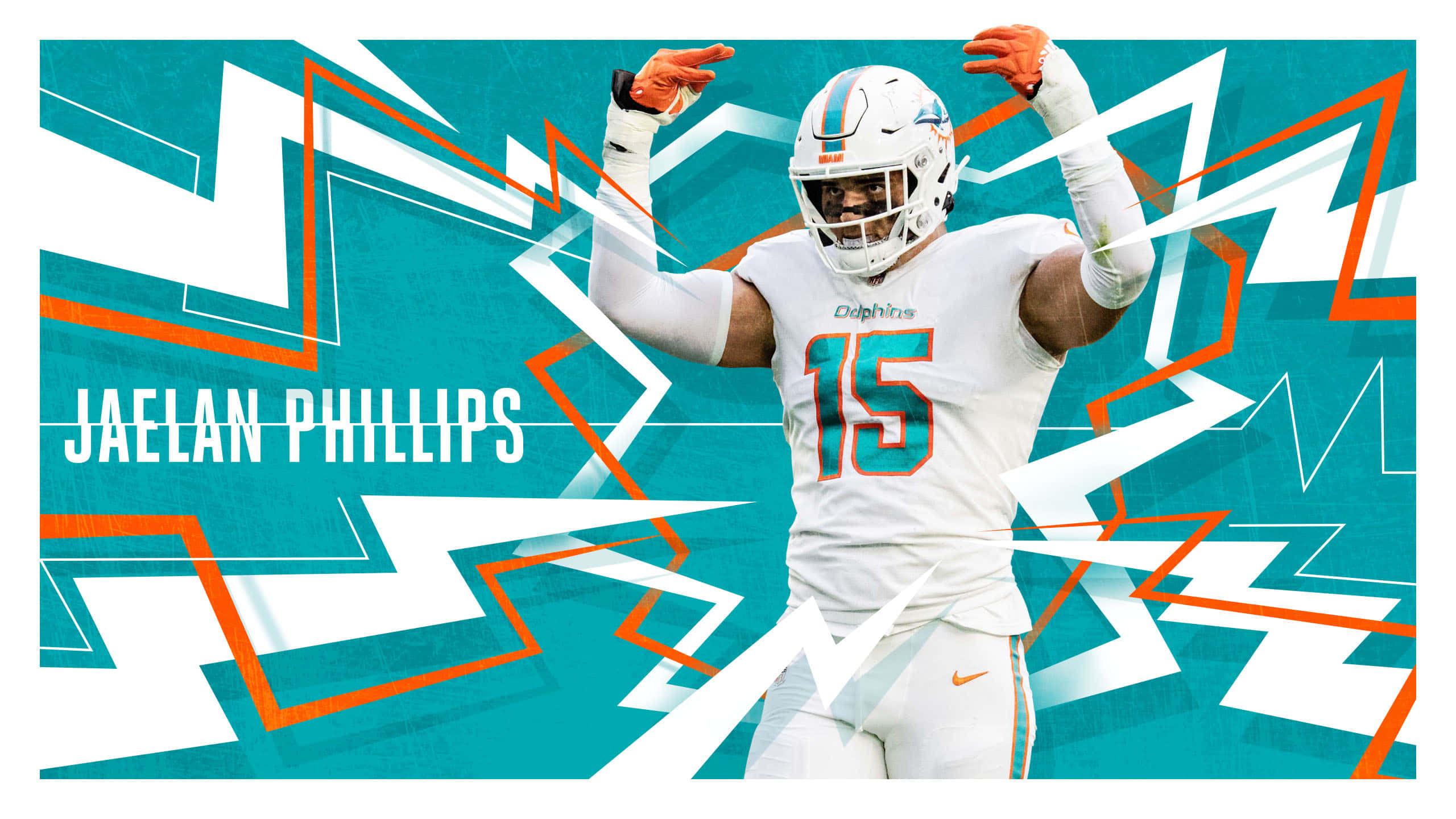 為您的NFL熱情喝采 壁紙 — 身穿白色球衣的足球員Jaelan Phillips在青綠色、橙色和白色的幾何背景前高舉雙臂慶祝。