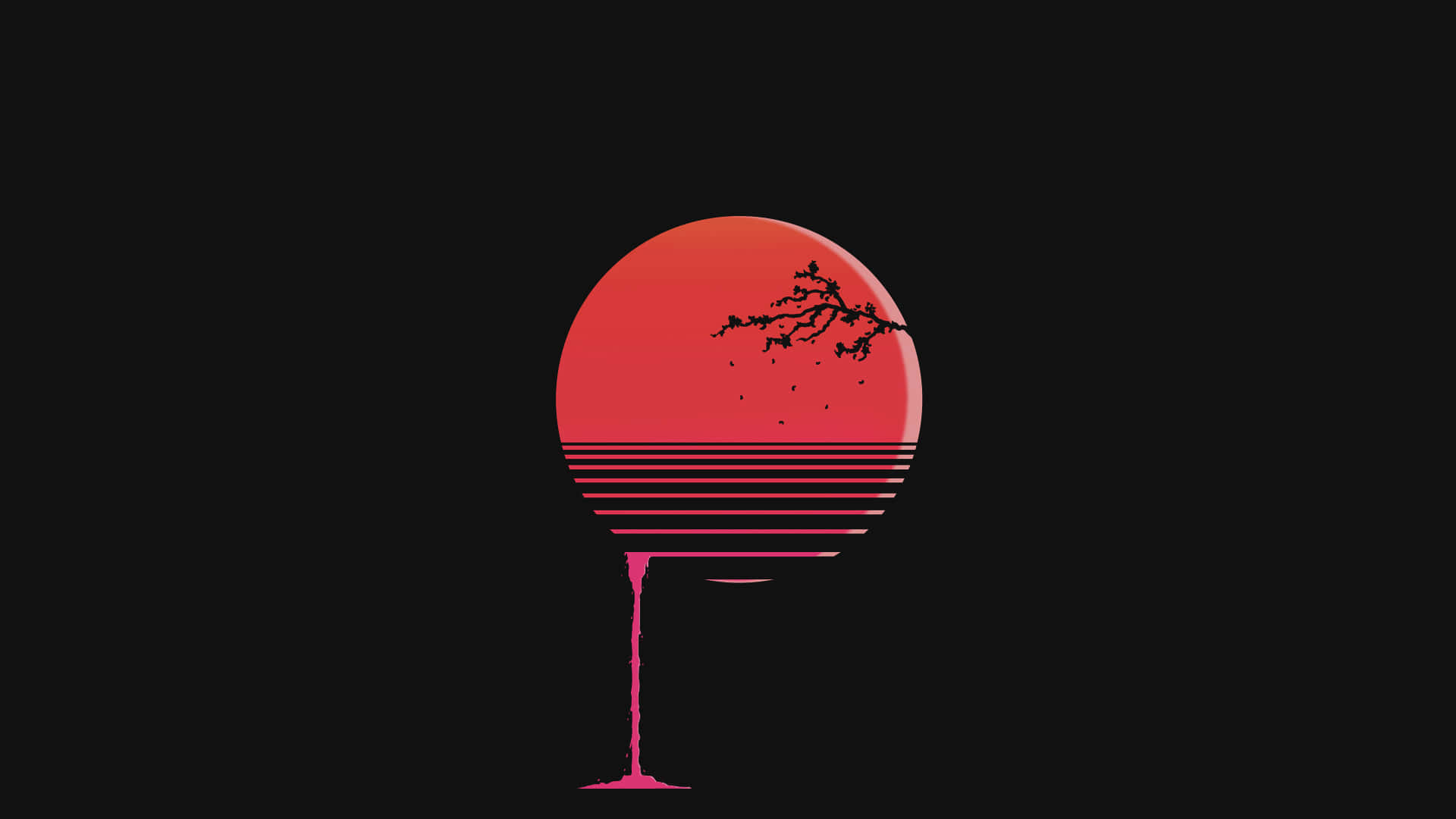 黑色背景上帶有樹枝和水平條紋的紅色太陽。