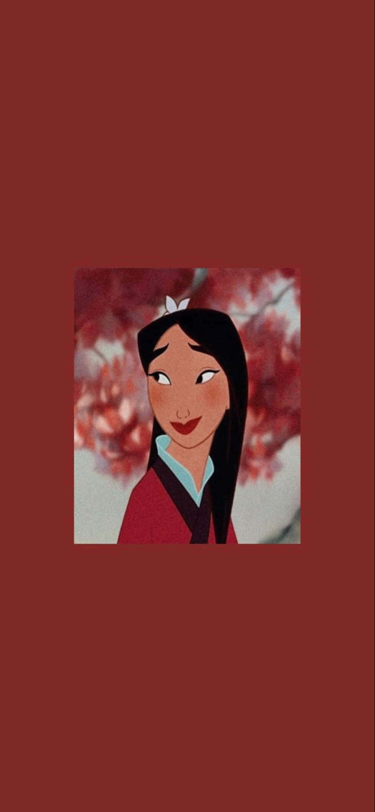 為您的手機增添一絲迪士尼的奇幻魔法 壁紙 — 一個開心的動畫女孩，長長的黑髮和紅色上衣，在紅色盛開的樹枝背景下微笑。