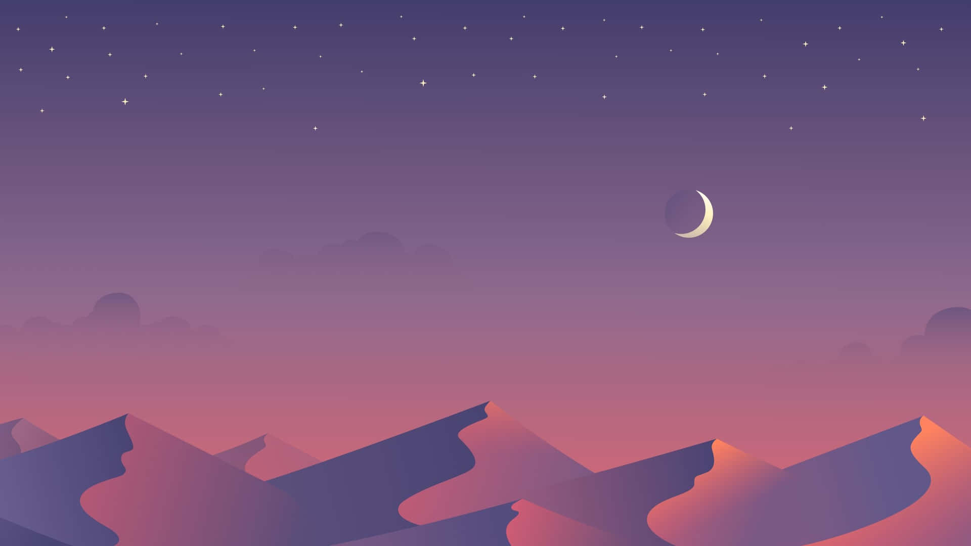 新月下星空中的紫色山脈。