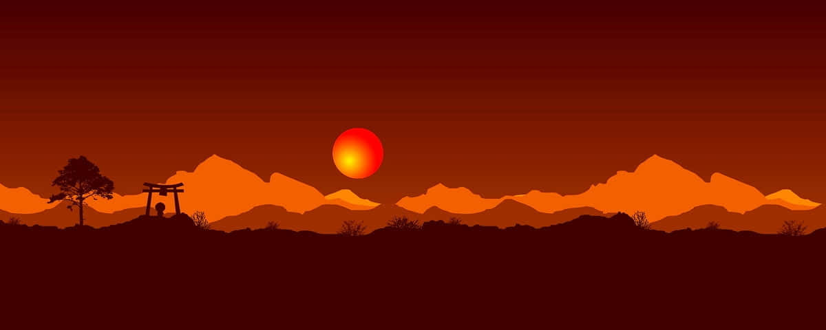 在火紅色的夕陽下，鳥居前一個人的剪影，背景是山脈。