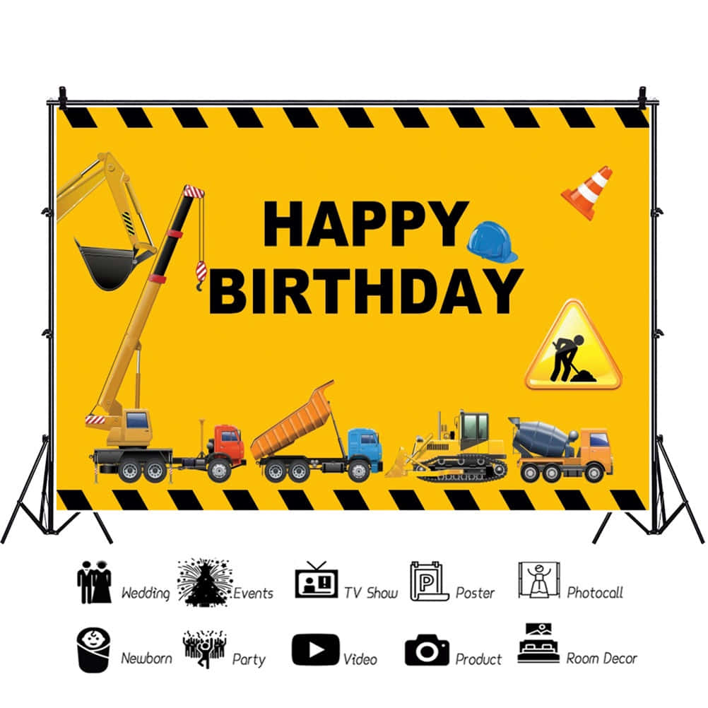 建築車輛生日背景，附有 'Happy Birthday' 文字。
