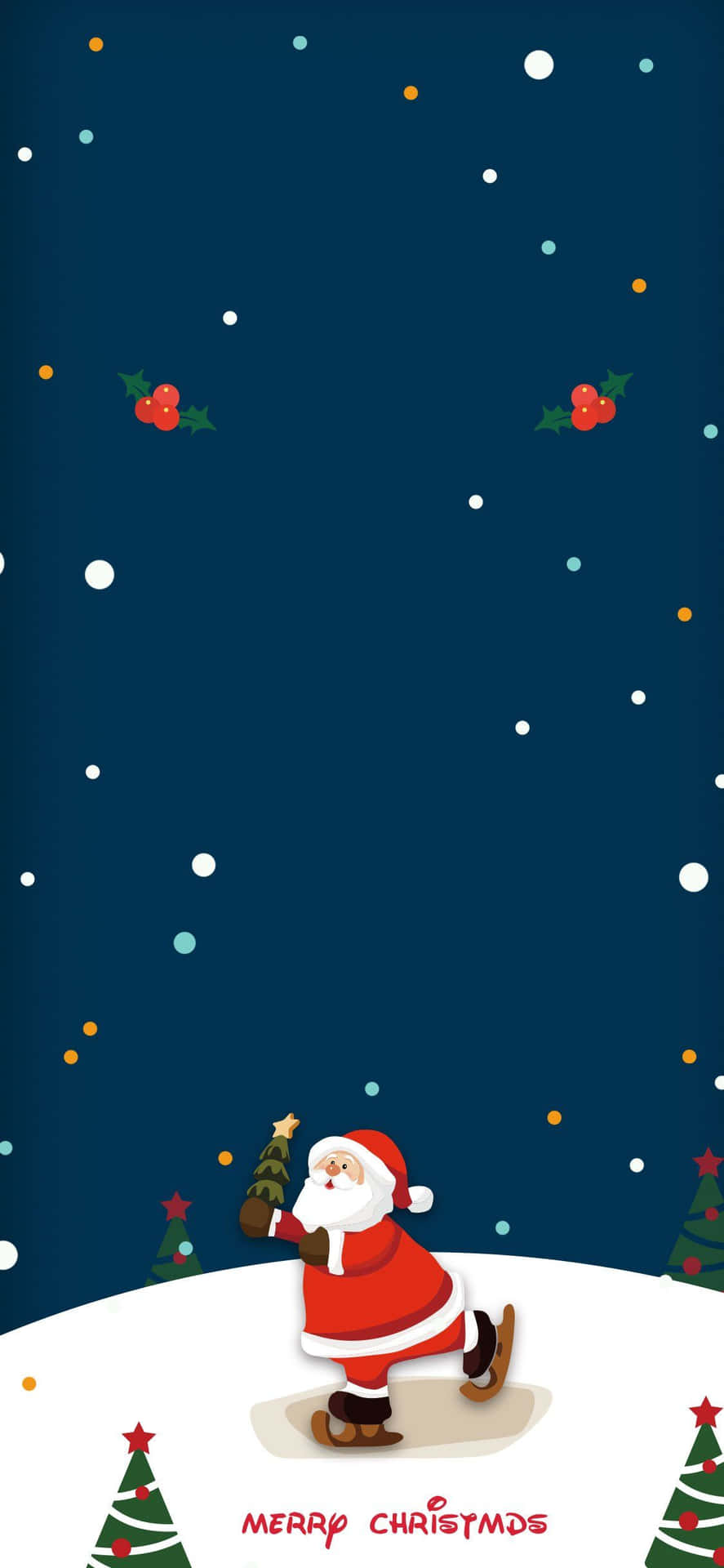 聖誕老人在星空下的雪地中滑雪，伴隨著聖誕樹和冬青漿果。