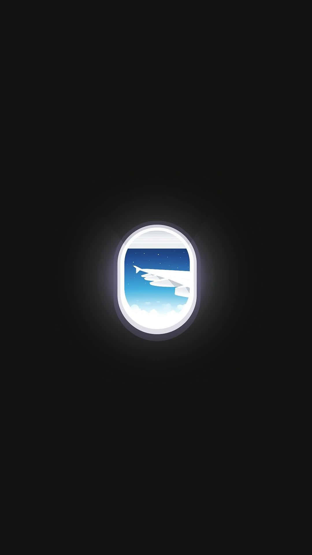 為您的裝置選用最佳 AMOLED 顯示背景 壁紙 — 夜晚發光的飛機窗戶顯示出機翼，背景是星空和下方的雲層。