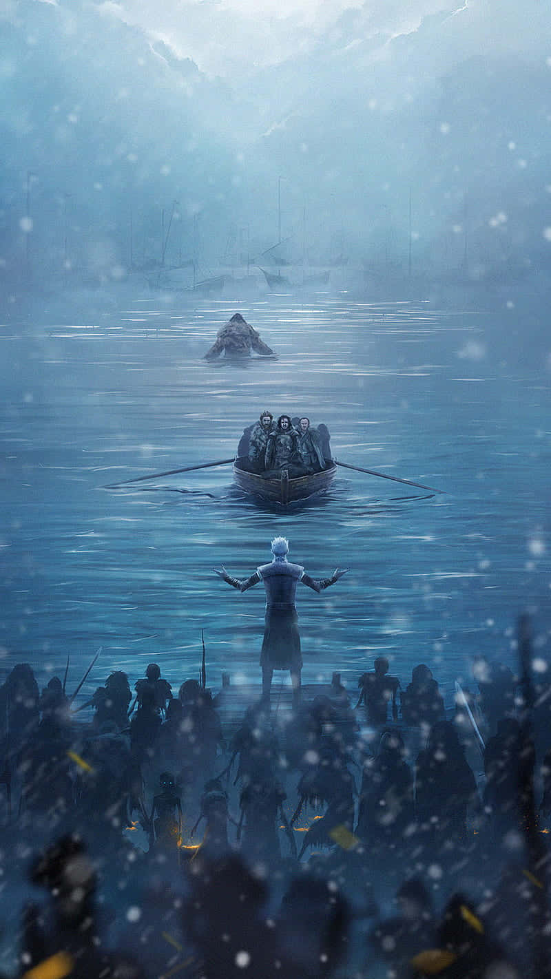 一名戰士站在冰冷的水中，一艘划艇載著人影穿過雪海遠去。