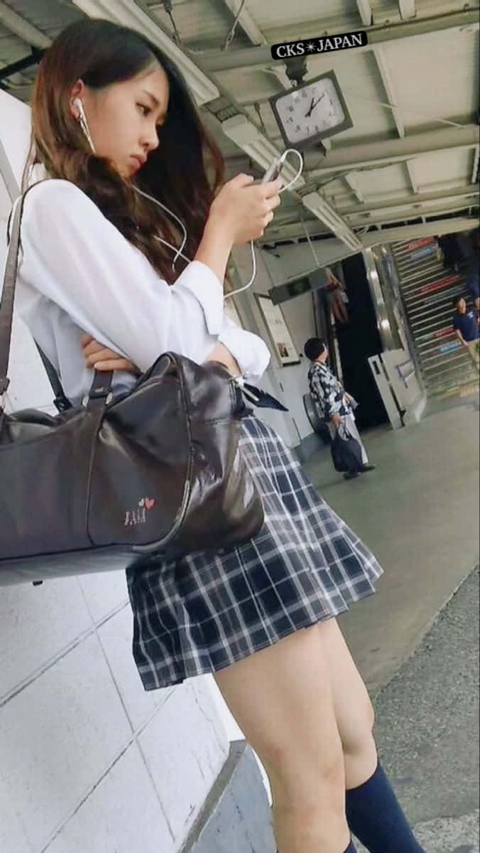 年輕女子穿著校服在火車站聽音樂。