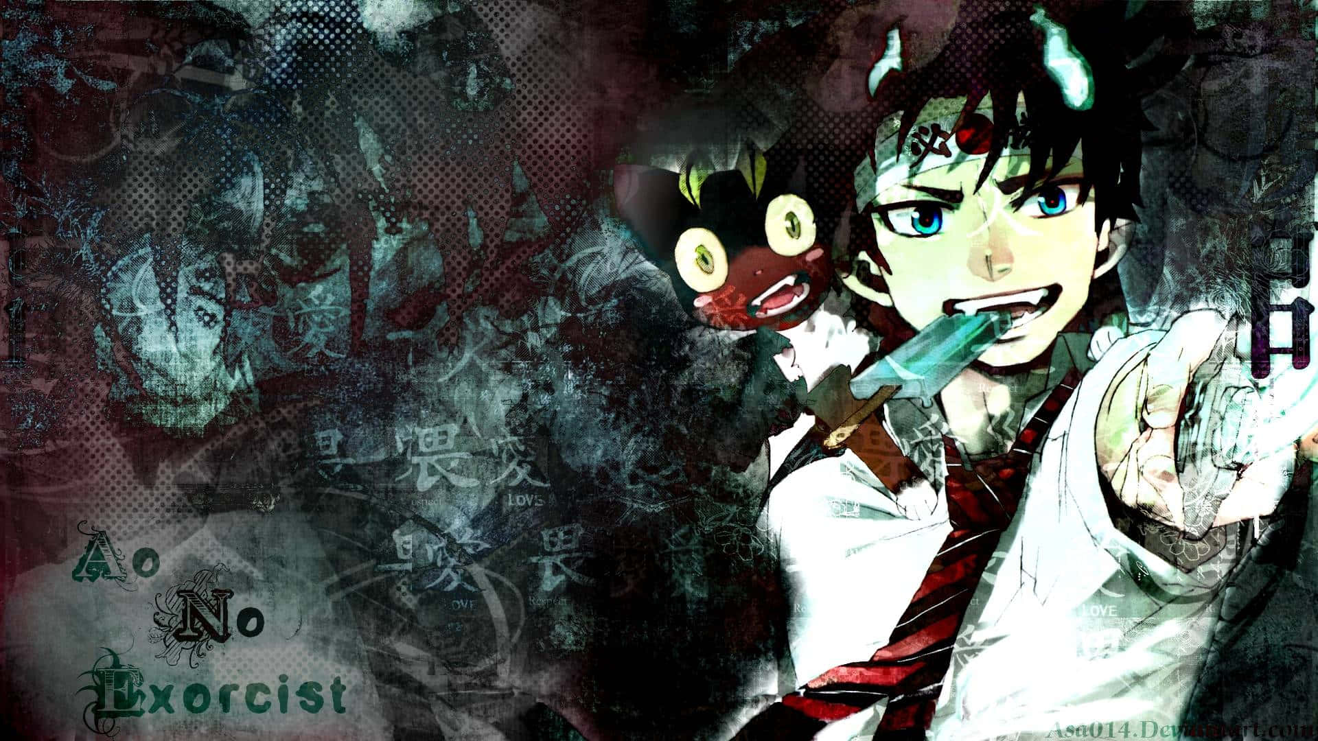為抗惡使命而並肩作戰：藍色驅魔師中的 Rin 與 Yukio 壁紙 — 一個決心堅定的動漫男孩，藍眼睛和惡魔角，握著一把發光的劍，一隻紅色小惡魔生物從他肩膀後面窺視，背景是深色紋理。