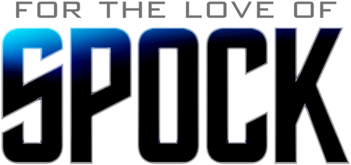 為斯波克而愛標題 壁紙 — 粗體金屬文字顯示「FOR THE LOVE OF SPOCK」，帶有藍色到黑色的漸變和銀色輪廓，背景為黑色。