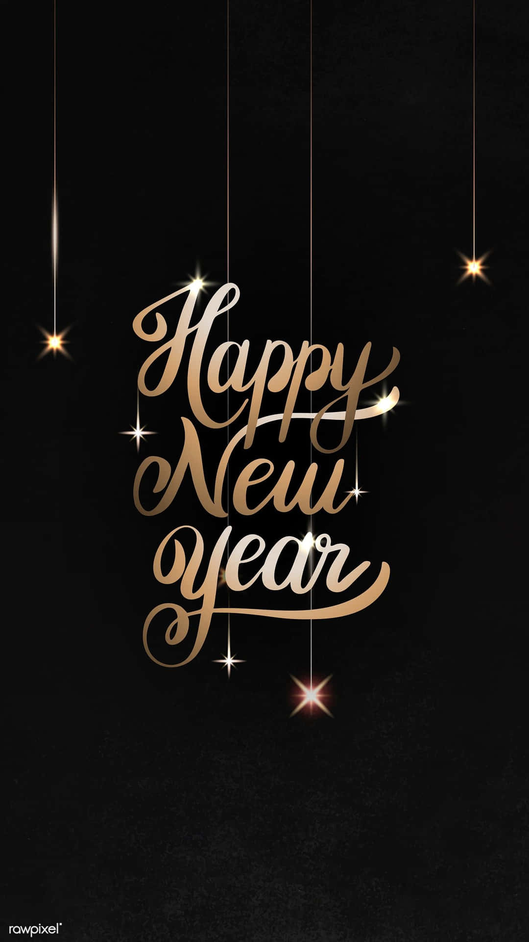 金色 'Happy New Year' 文字與星光一起懸掛在黑色背景上。