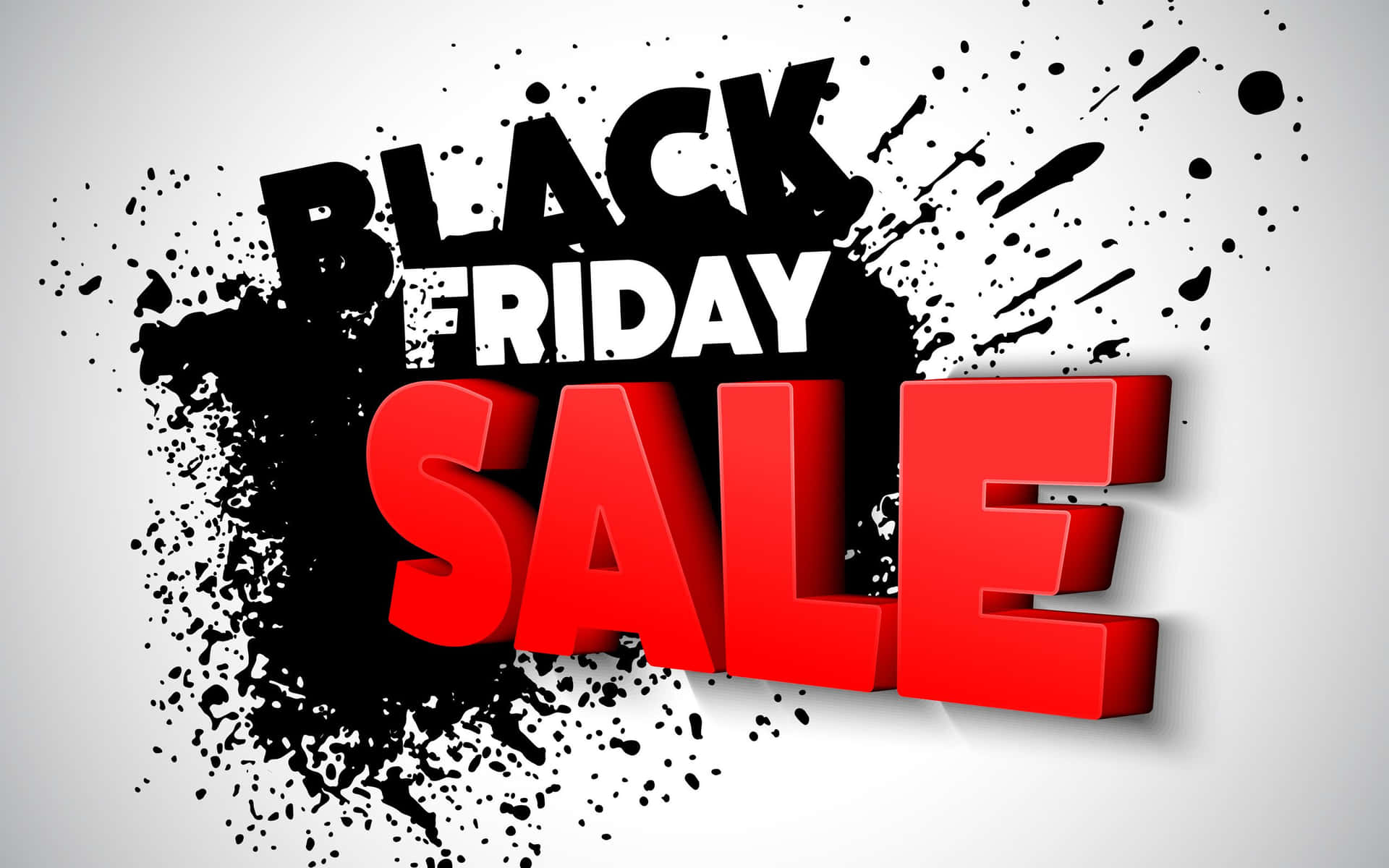 Black Friday Sale 文字以粗體紅色3D字母呈現，帶有黑色墨水飛濺。