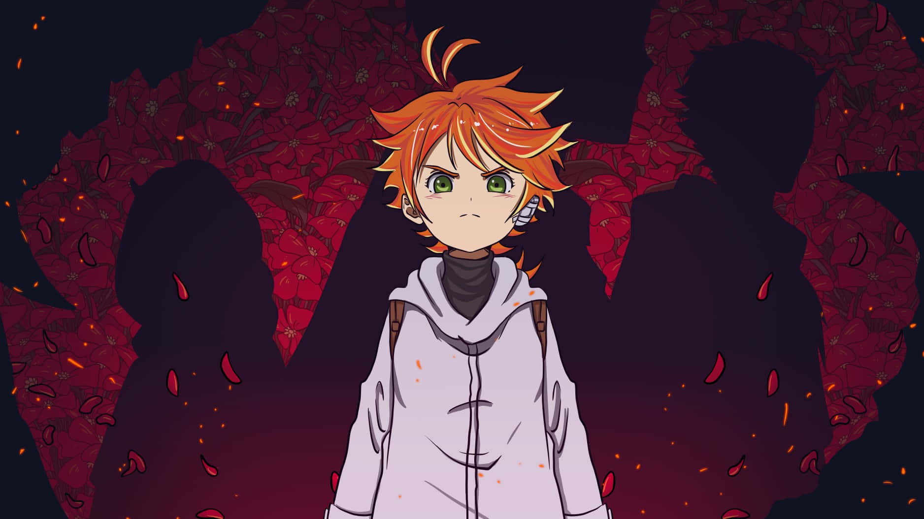 動漫男孩，橙色頭髮和綠色眼睛，站在深紅色的花田中，身後有陰影人物。