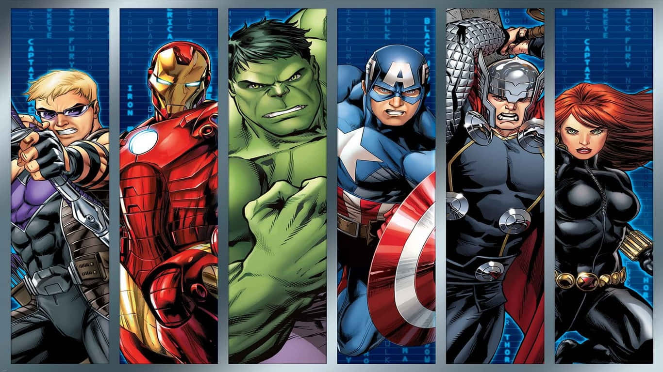 為更美好未來聯手奮鬥 壁紙 — 六位Marvel超級英雄以動態姿勢站在藍色數碼網格背景前。