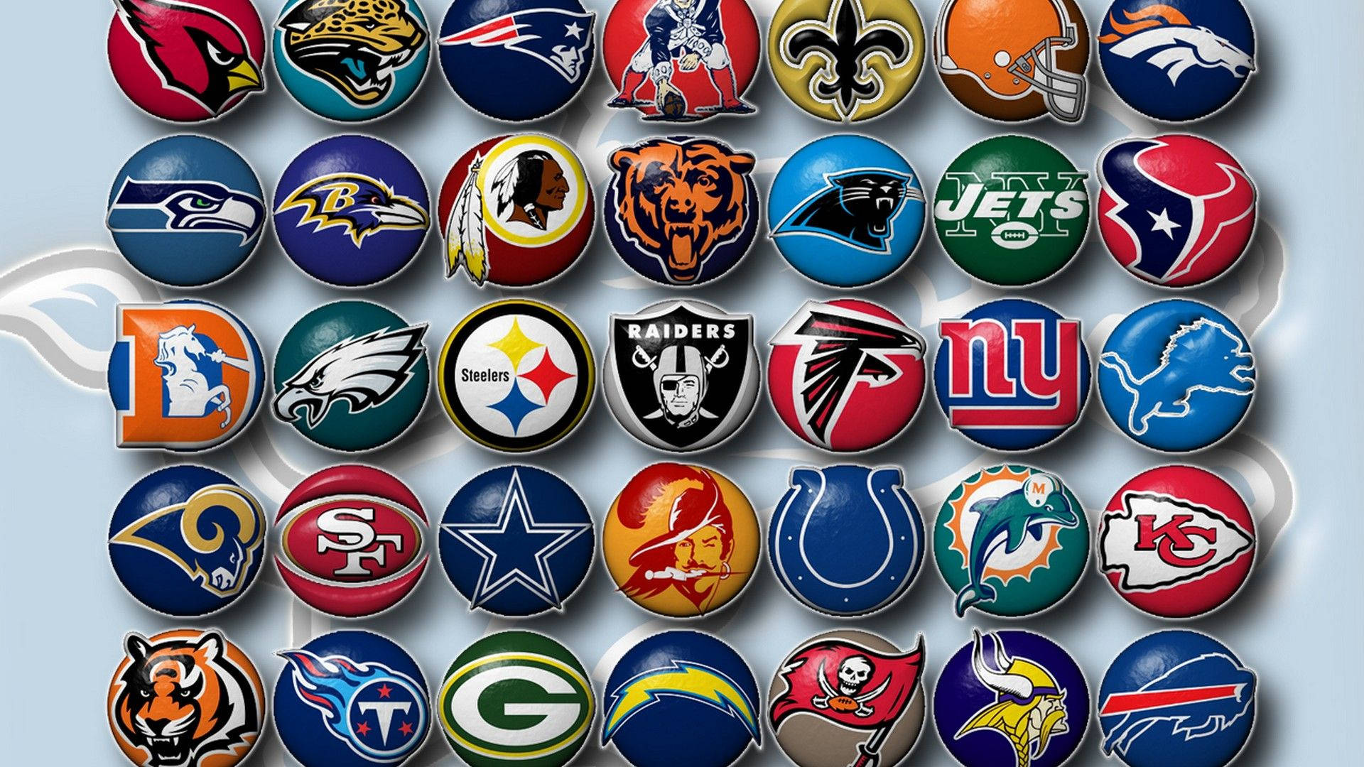 淺藍色背景上帶有漩渦圖案的NFL球隊標誌別針網格。