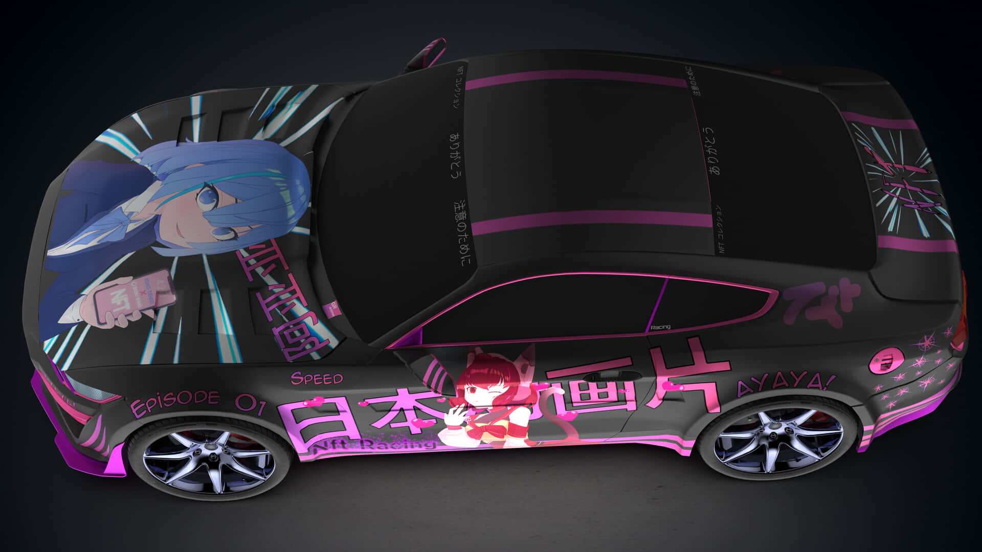 為未來世代打造的未來感動漫賽車 壁紙 — 一輛黑色跑車，在粉紅色霓虹燈光下飾有充滿活力的動漫角色和日文字。