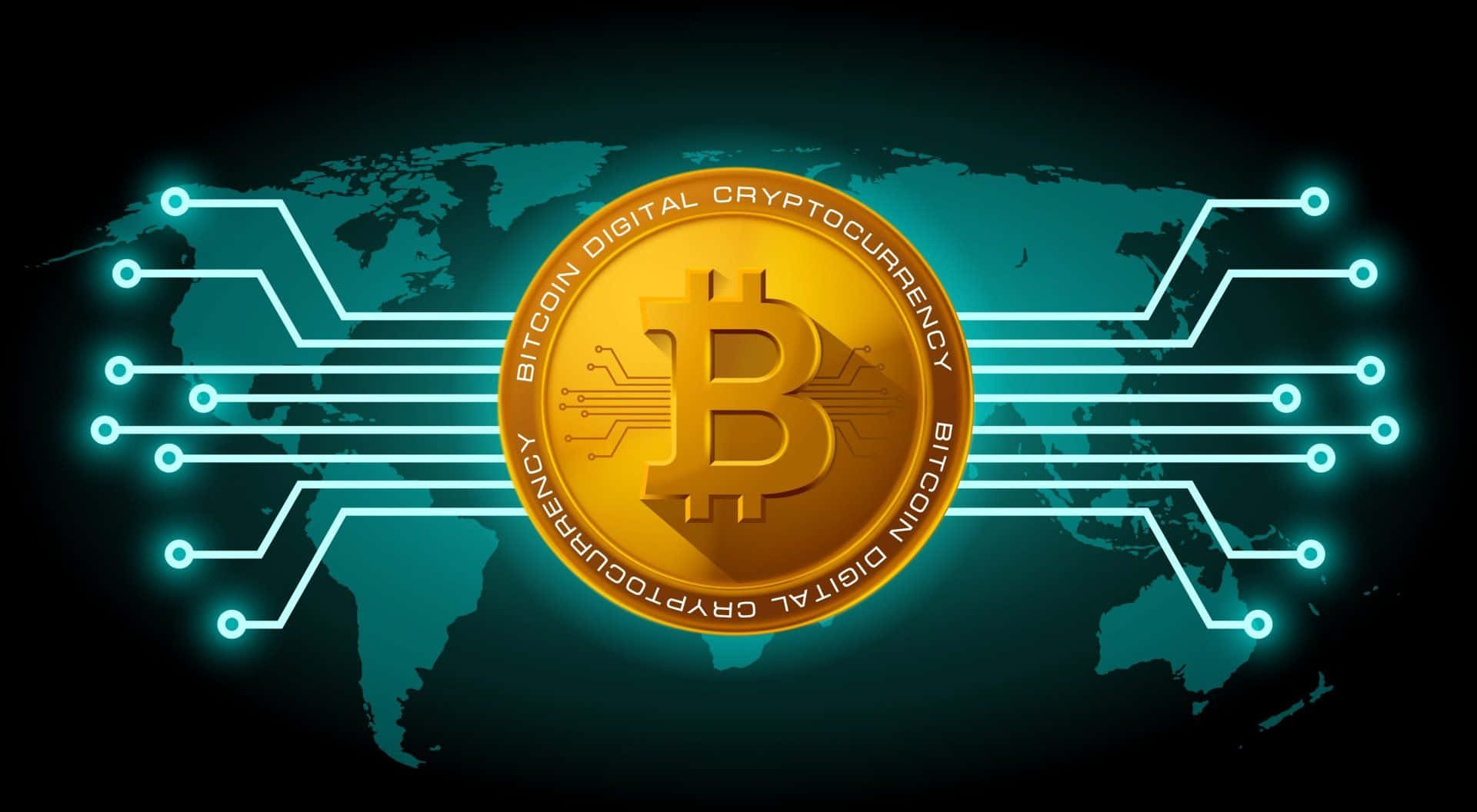 發光的金色比特幣硬幣與電路線，位於藍綠色世界地圖上。