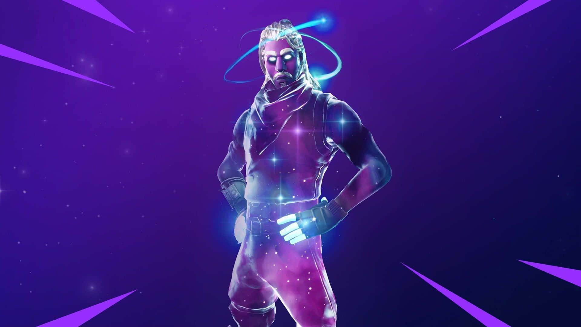 一個帶有宇宙效果的發光Fortnite角色，背景是紫色星空。