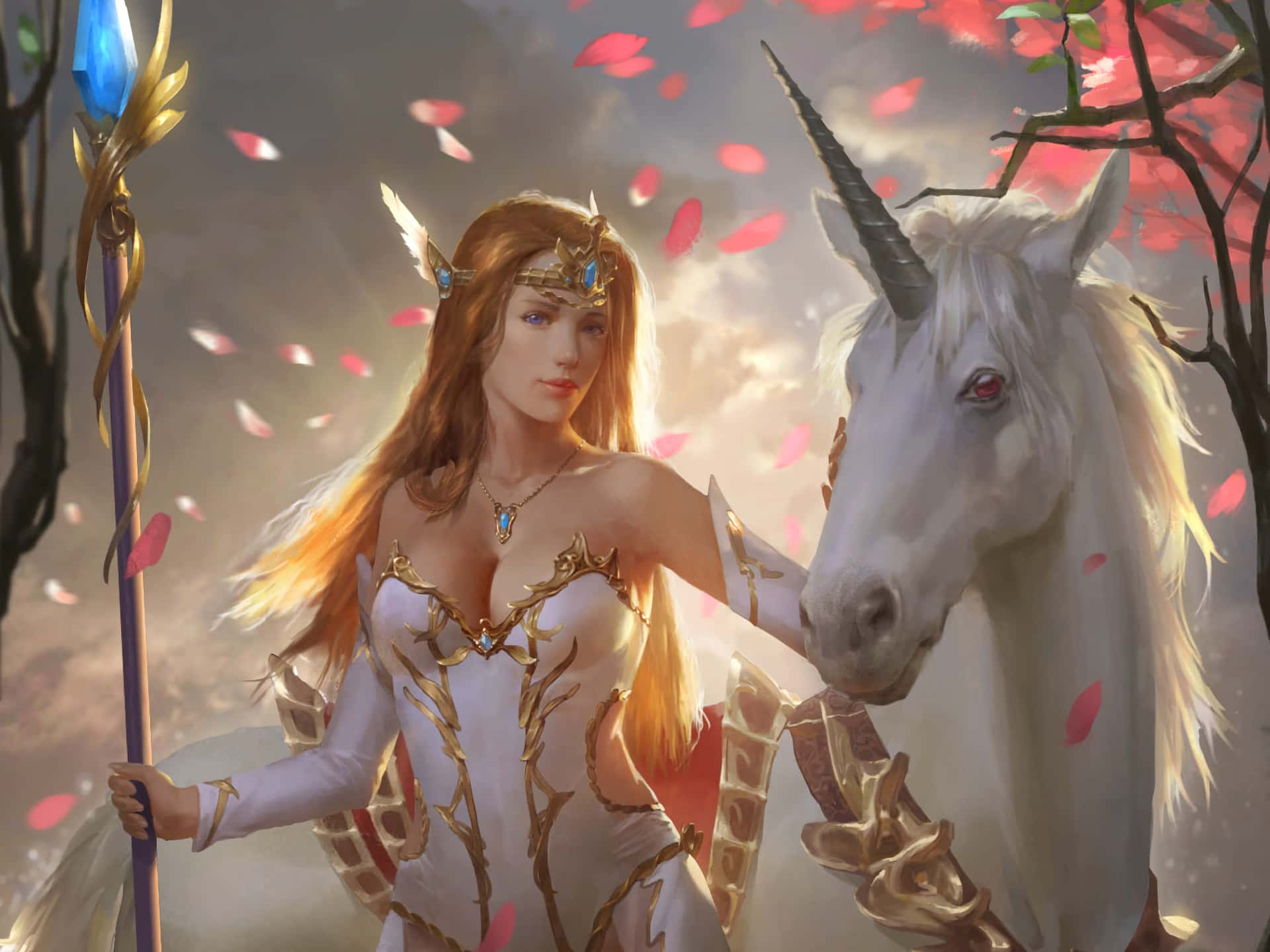 金色角的奇幻女王與白色獨角獸，在滿是粉紅花瓣的天空中。