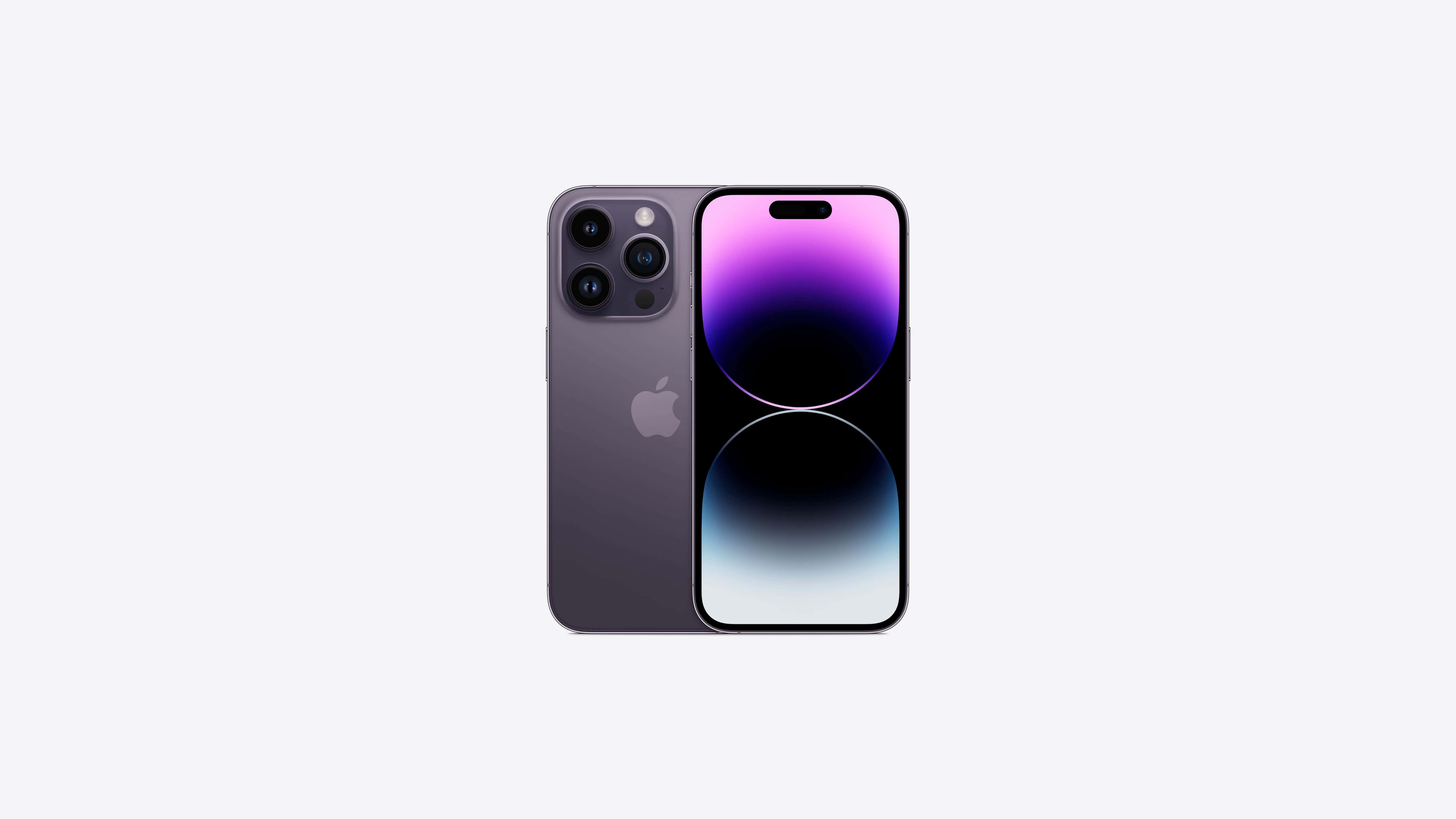 為現代用戶打造的頂級Apple手機 壁紙 — 一部時尚的紫色 iPhone 14 Pro 在純白背景上展示正面和背面，帶漸變螢幕顯示。