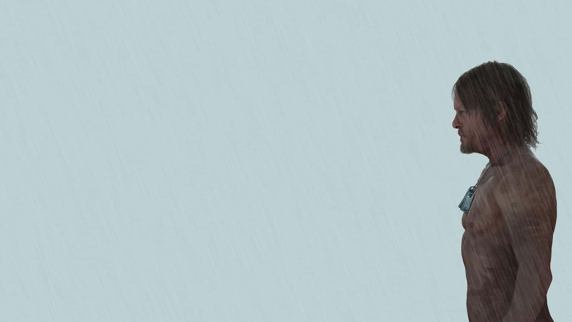 一個赤膊嘅男人，濕咗嘅頭髮，企喺大雨入面，背景係灰色。