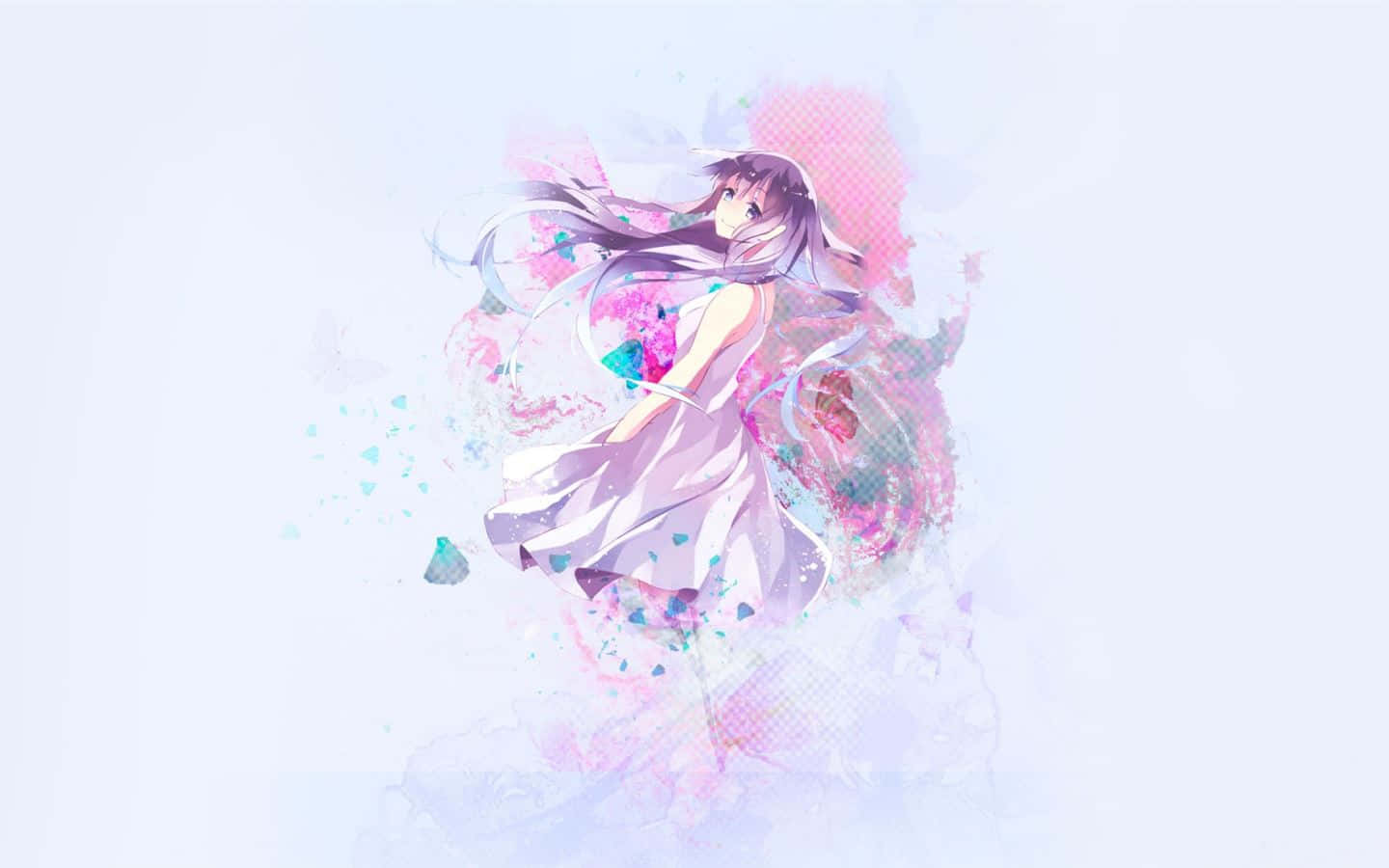 為筆電增添 Pastel 可愛風，打造亮麗心情 壁紙 — 一位優雅的動漫女孩，長髮飄逸，身穿輕盈連衣裙，在柔和的白色背景上，於充滿活力的粉紅色和藍色水彩潑濺中旋轉。