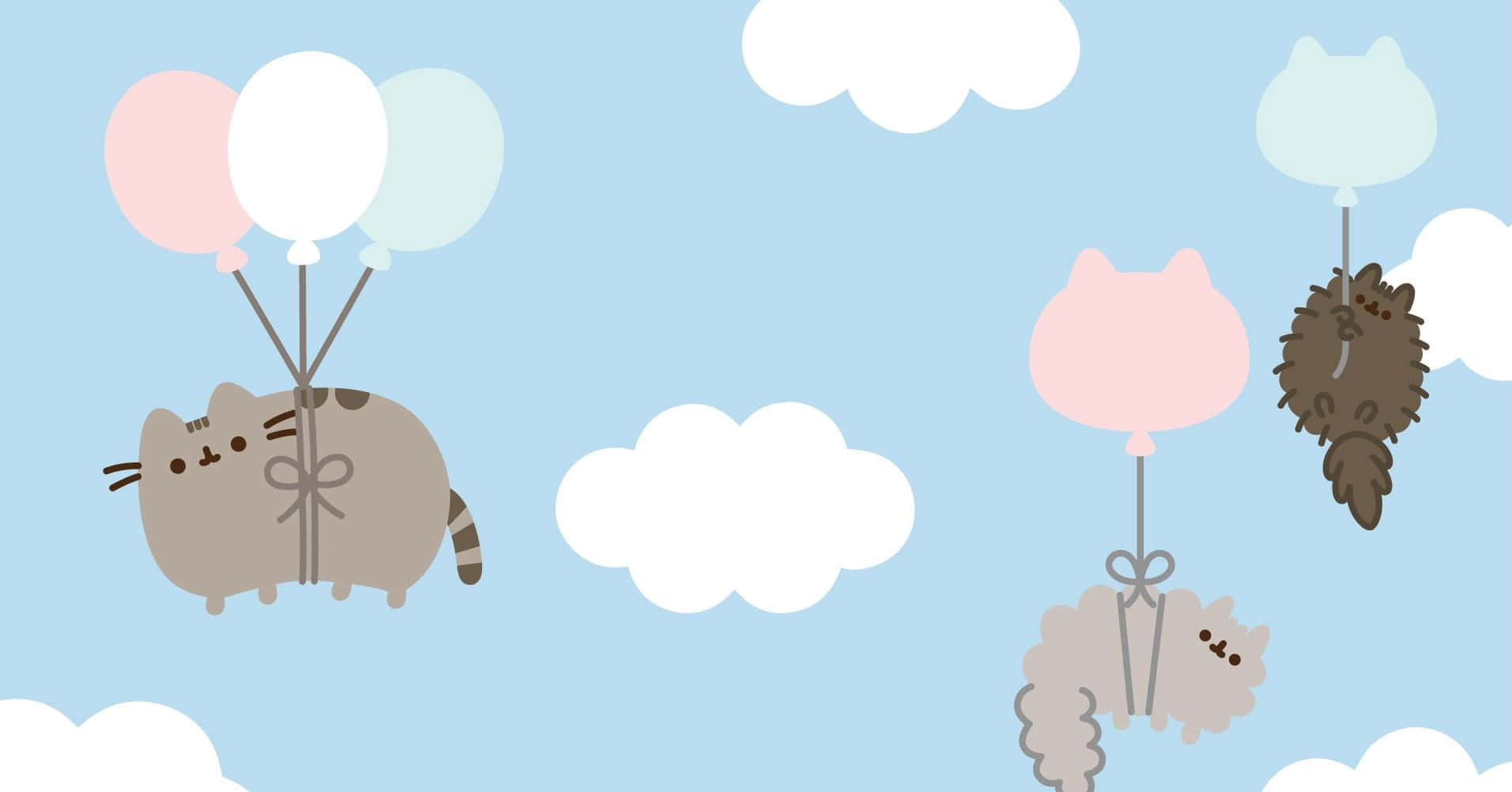 為筆電增添色彩、趣味與風格，選 KAWAII® Pastel 風筆電貼紙 壁紙 — 三隻可愛的卡通貓咪在柔和的藍天中平靜地漂浮，周圍有 fluffy 白色雲朵和粉彩氣球。