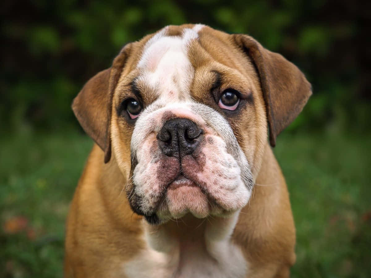 一隻棕色和白色的鬥牛犬幼犬，大眼睛在草地上看著鏡頭。