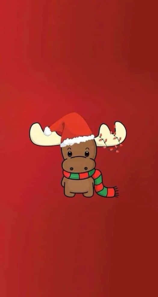 一隻卡通駝鹿戴著聖誕帽和圍巾，在紅色背景上。