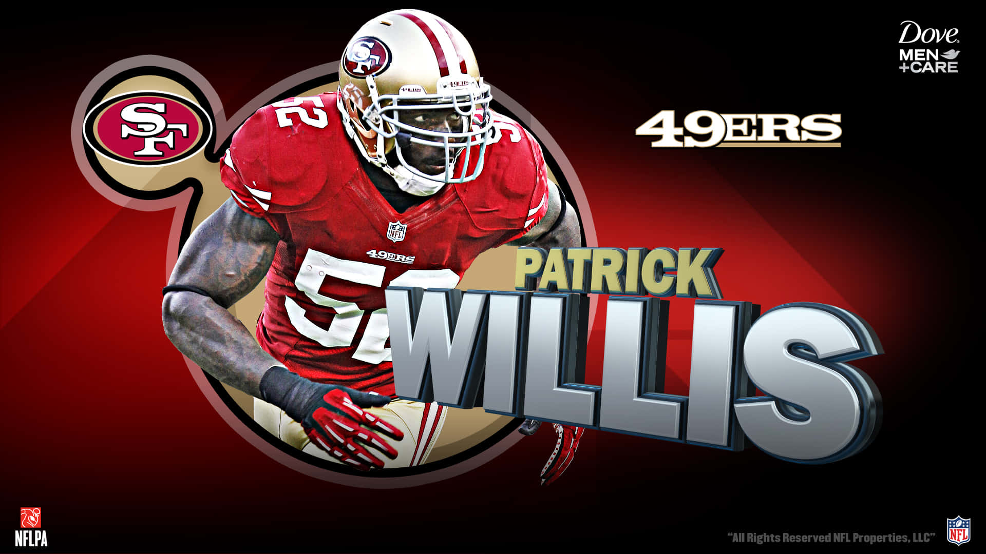 Patrick Willis 身穿三藩市49人隊球衣，擺出動感足球姿勢。